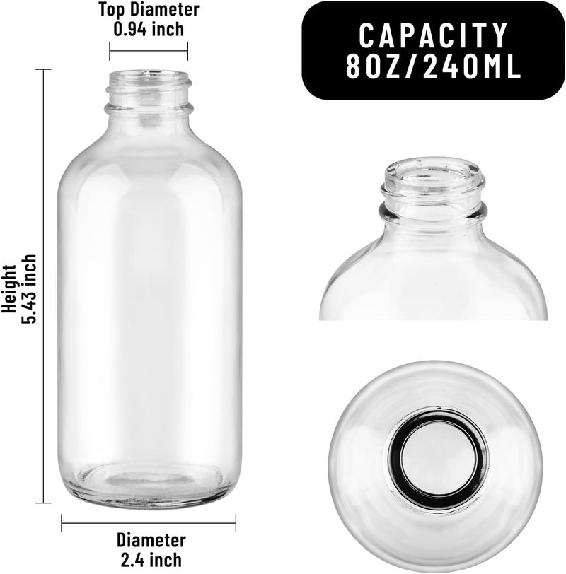 PINIWON 12 Pack 8 oz Clear Glass Bottles, 240ml Boston Round Sample Bottles with Black Poly Cone Caps, Labels and Funnels - Image 2